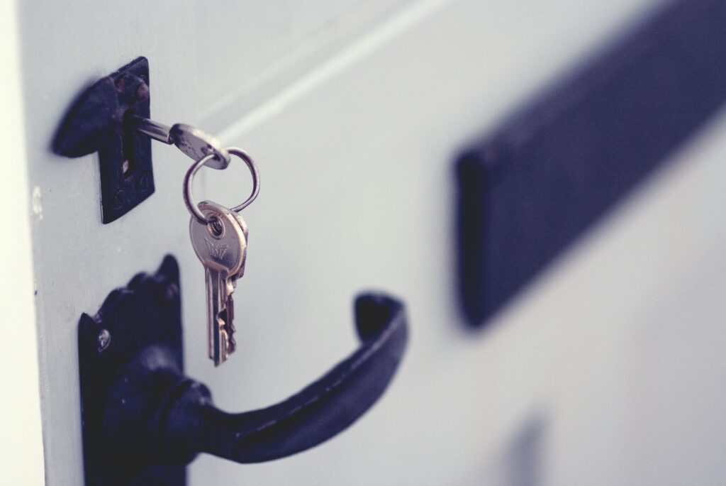 Keys in a door.